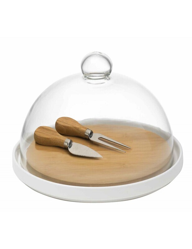 BRANDANI TAGLIERE PORCELLANA E BAMBOO CON COLTELLI FORMAGGIO E CUPOLA VETRO