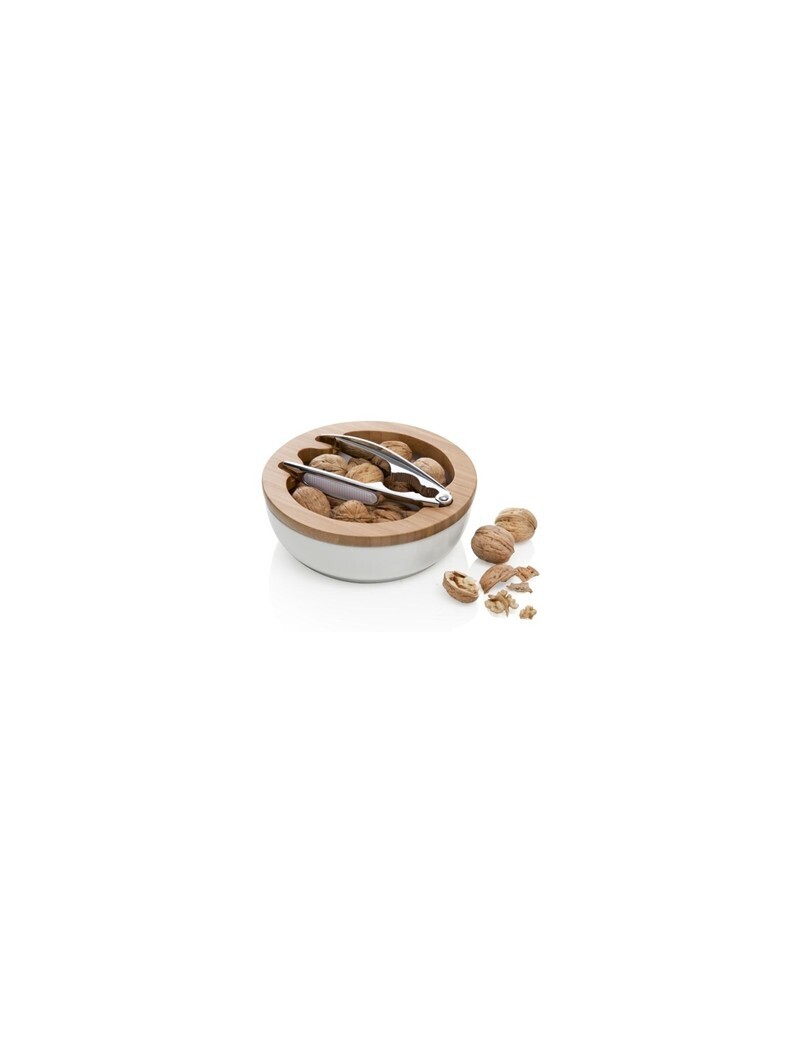 BRANDANI CIOTOLA PORTANOCI IN PORCELLANA BIANCA CON SUPPORTO IN BAMBOO E CON SCHIACCIANOCI
