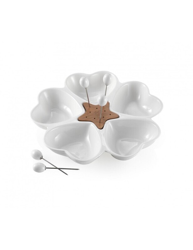 BRANDANI  ANTIPASTIERA MILLE CUORI IN PORCELLANA BIANCA E BAMBOO CON 5 FORCHETTINE IN ACCIAIO INOX