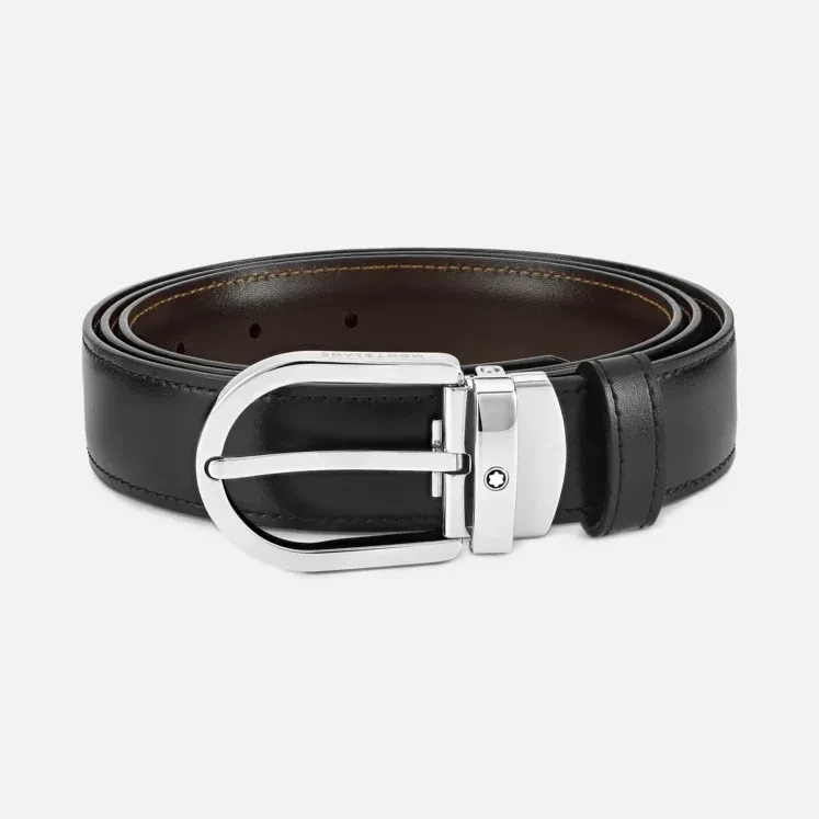 Montblanc Cintura Reversibile in pelle nera/marrone 30 mm con fibbia a ferro di cavallo 128135
