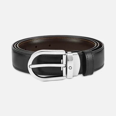 Montblanc Cintura reversibile in pelle nera/marrone 30 mm con fibbia a ferro di cavallo