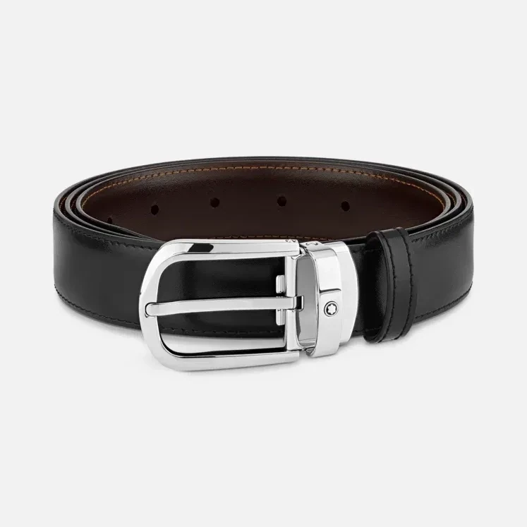 Montblanc Cintura Reversibile in pelle nera/marrone 30 mm con fibbia a ferro di cavallo