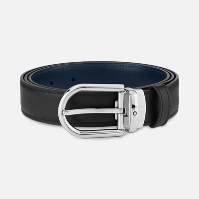 Montblanc Cintura 128756 reversibile in pelle nera/blu 30 mm con fibbia a ferro di cavallo
