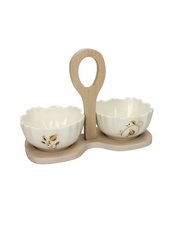 BRANDANI ANTIPASTIERA TEMPO DI FESTA SET 2 PZ IN PORCELLANA CON UPPORTO IN BAMBOO NATURALE