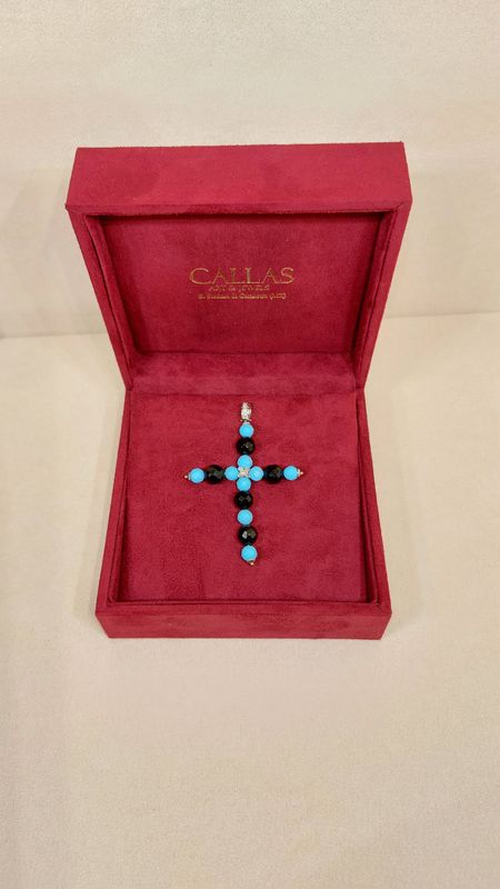 Croce in Oro 18 KT con Pasta di Turchese, Onice e Diamanti