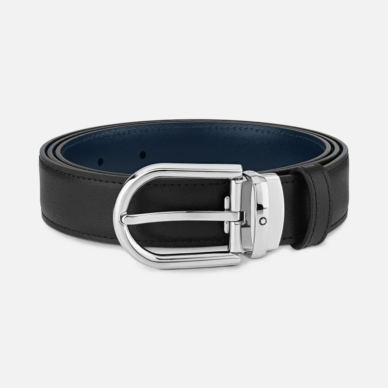 Montblanc Cintura 128756 Reversibile in pelle nera/blu 30 mm con fibbia a ferro di cavallo