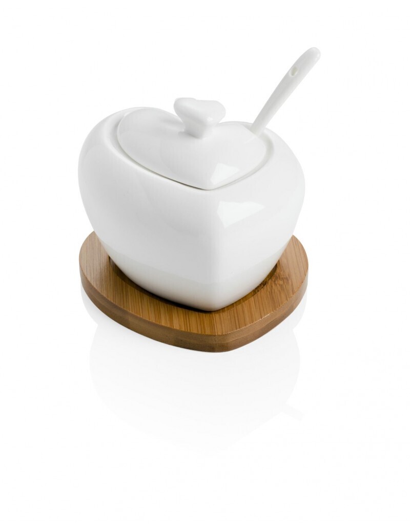 BRANDANI ZUCCHERIERA CUORE IN PORCELLANA BIANCA CON CUCCHIAINO E CON SUPPORTO IN BAMBOO