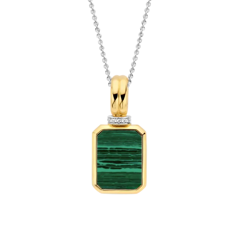 TI SENTO Milano | Collana in argento 925 placcata in oro giallo con pendente verde malachite e zirconi