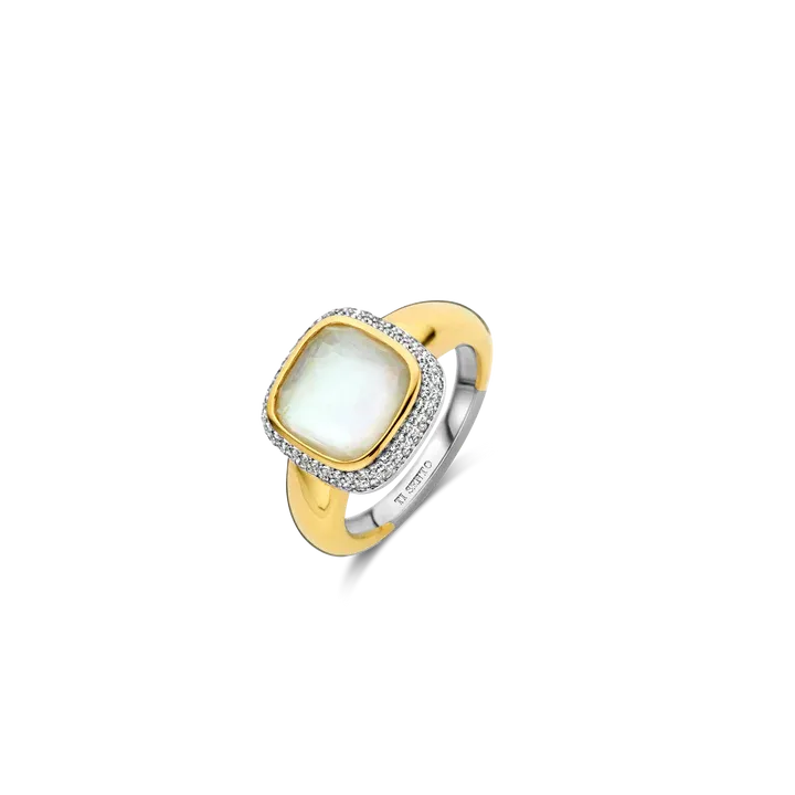 TI SENTO Milano | Anello solitario in argento 925 placcato oro con madreperla e zirconi