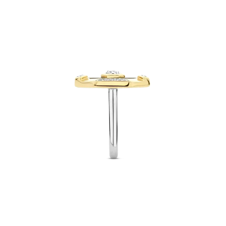 TI SENTO Milano | Anelloesagonale in argento 925 placcato oro con zirconi e smalto nero