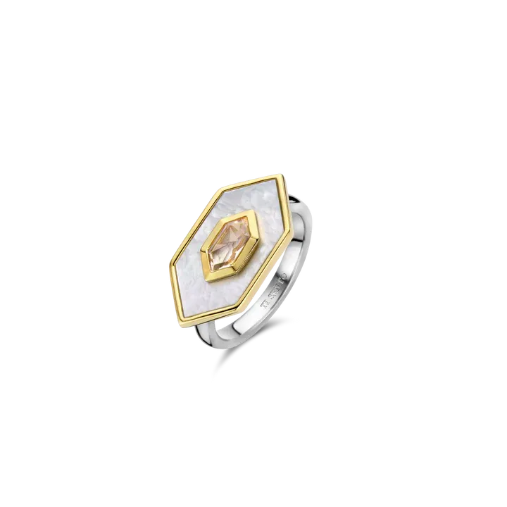 TI SENTO Milano | Anello geometrico in argento 925 placcato oro giallo con madreperla