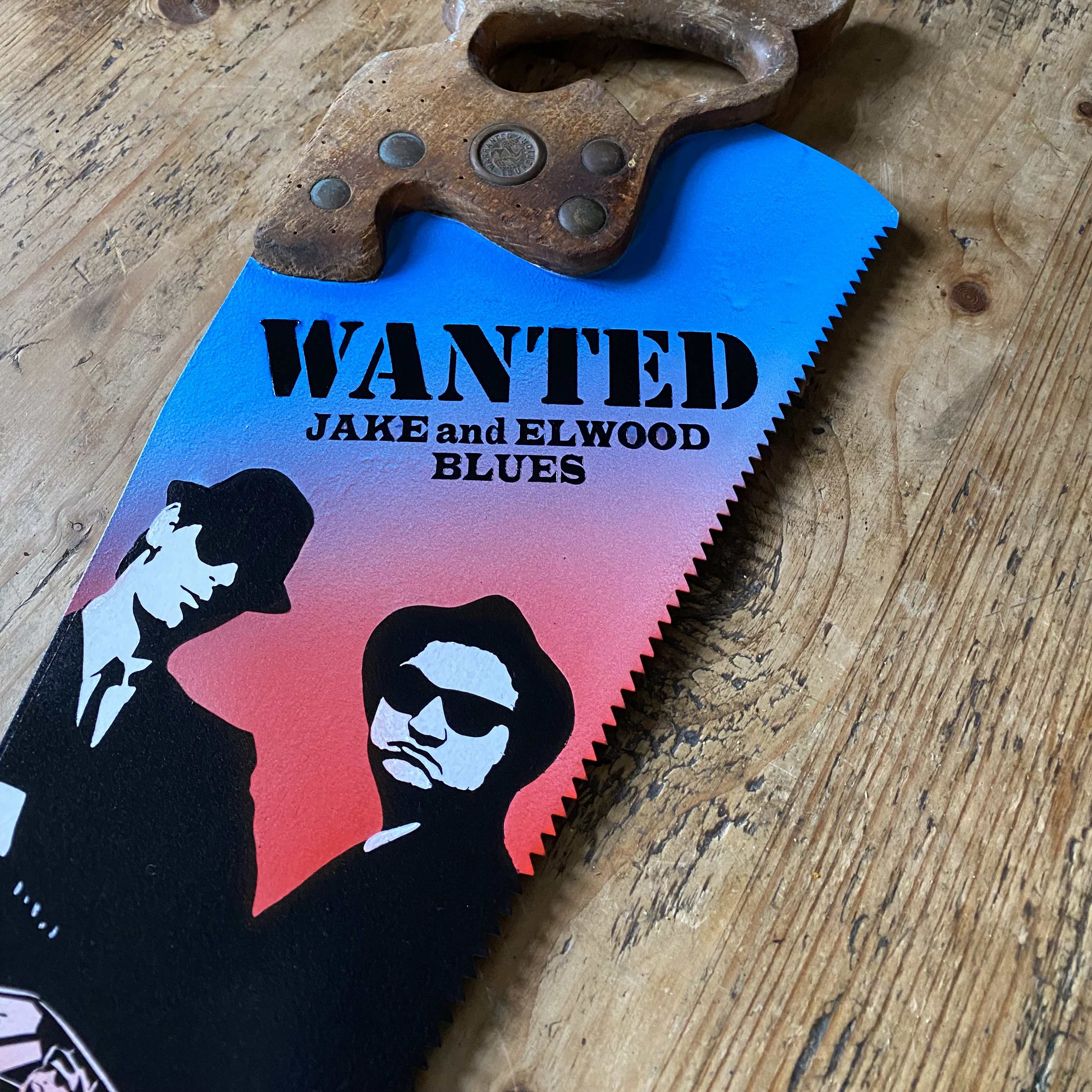 Hand Painted Vintage Saw. Blues Brothers. Wanted Poster. Dodge Police Car