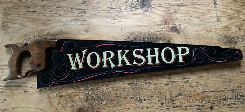 Hand Painted Saw 1, Workshop Sign, Unique Art, Man Cave Art