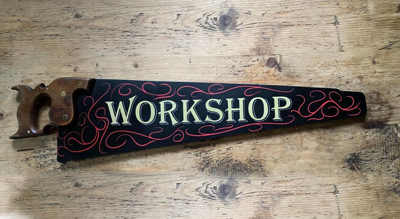 Hand Painted Saw 2, Workshop Sign, Unique Art, Man Cave Art
