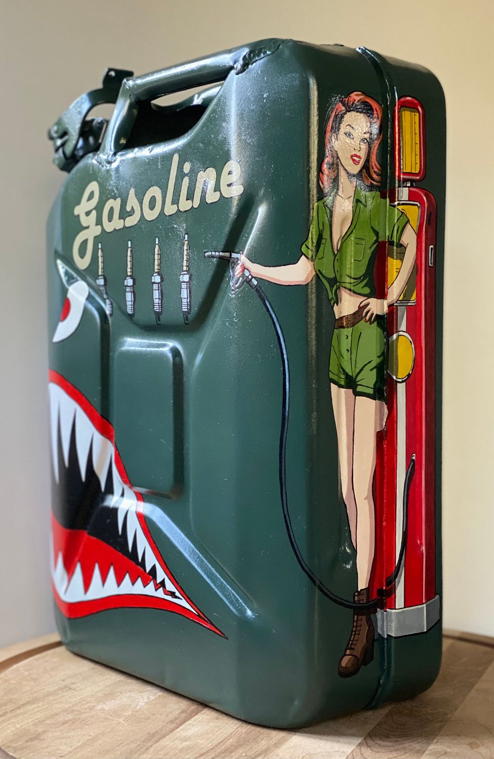 Hand Painted Vintage Fuel Can, Nose Art, Pin Up, Gasoline