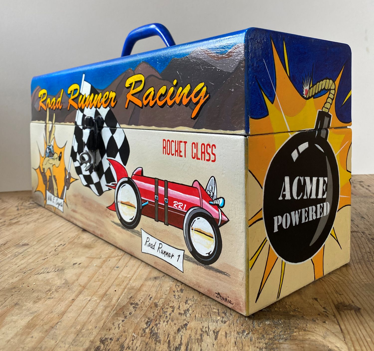 Hand Painted Old Tool Box, Road Runner Racing, Wile E Coyote