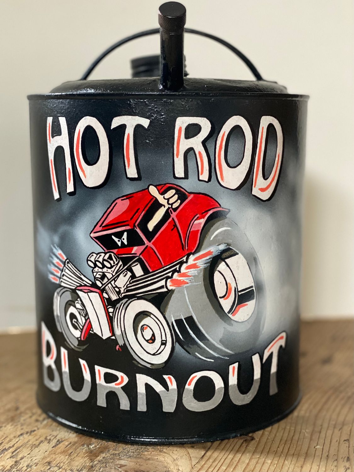Hand Painted Vintage Fuel Can, Hot Rod Burnout