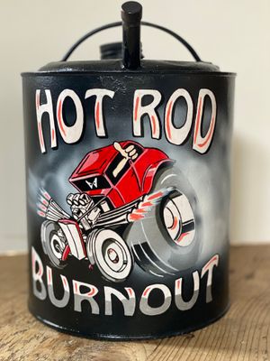 Hand Painted Vintage Fuel Can, Hot Rod Burnout