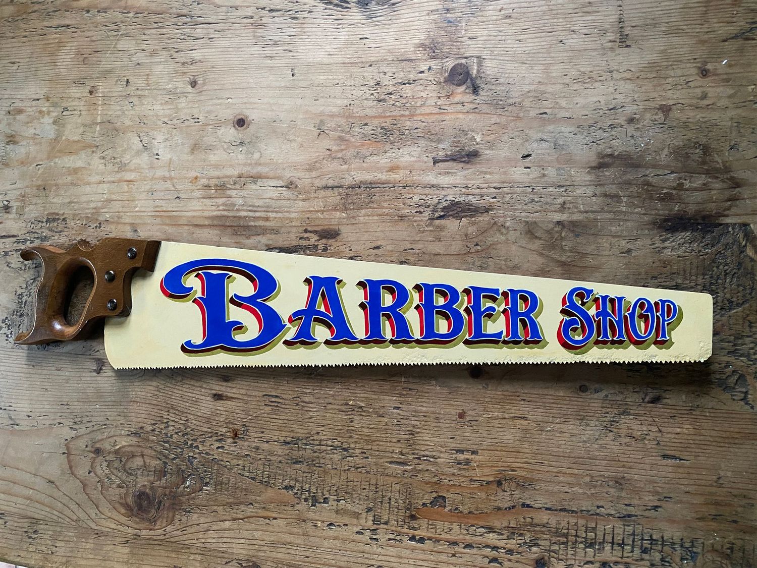 Hand Painted Saw, Barber Shop Sign, Unique Art, Man Cave Art