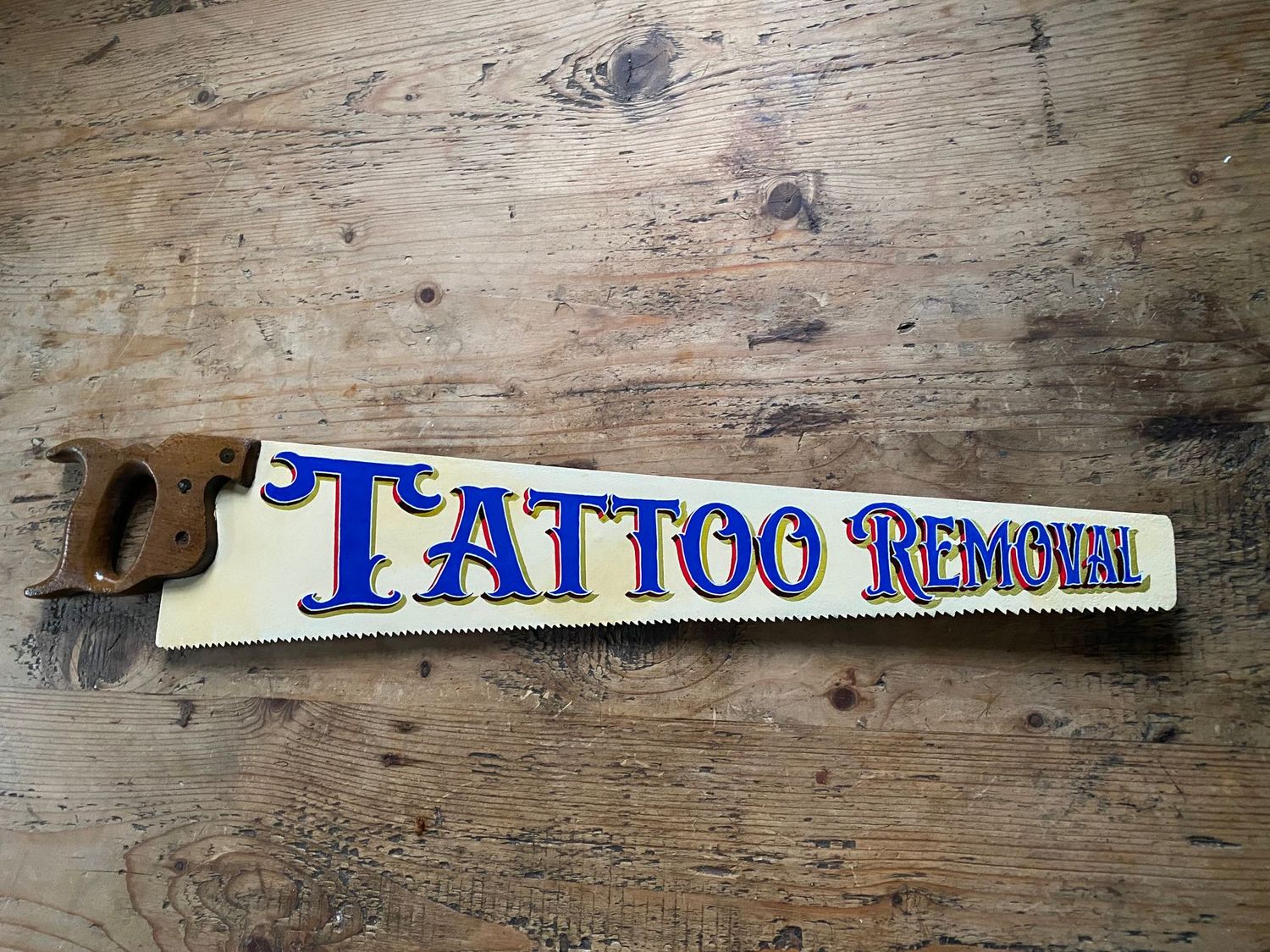 Hand Painted Saw, Tattoo Removal Sign, Unique Art, Man Cave Art