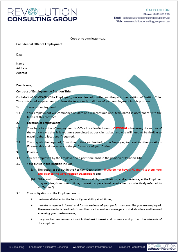 Employment Contract - Permanent Part Time - Award or Registered Agreement