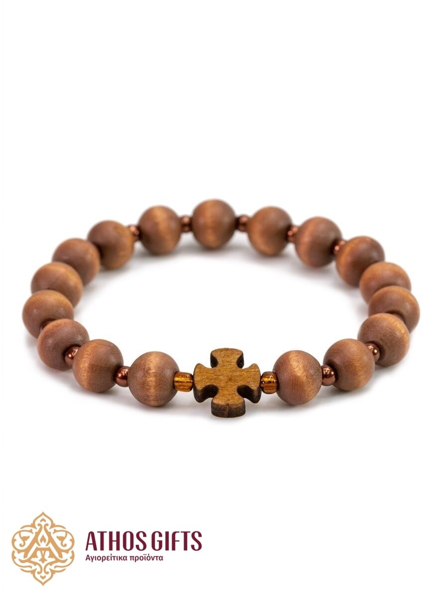 Handmade wooden bracelet with seed beads and cross