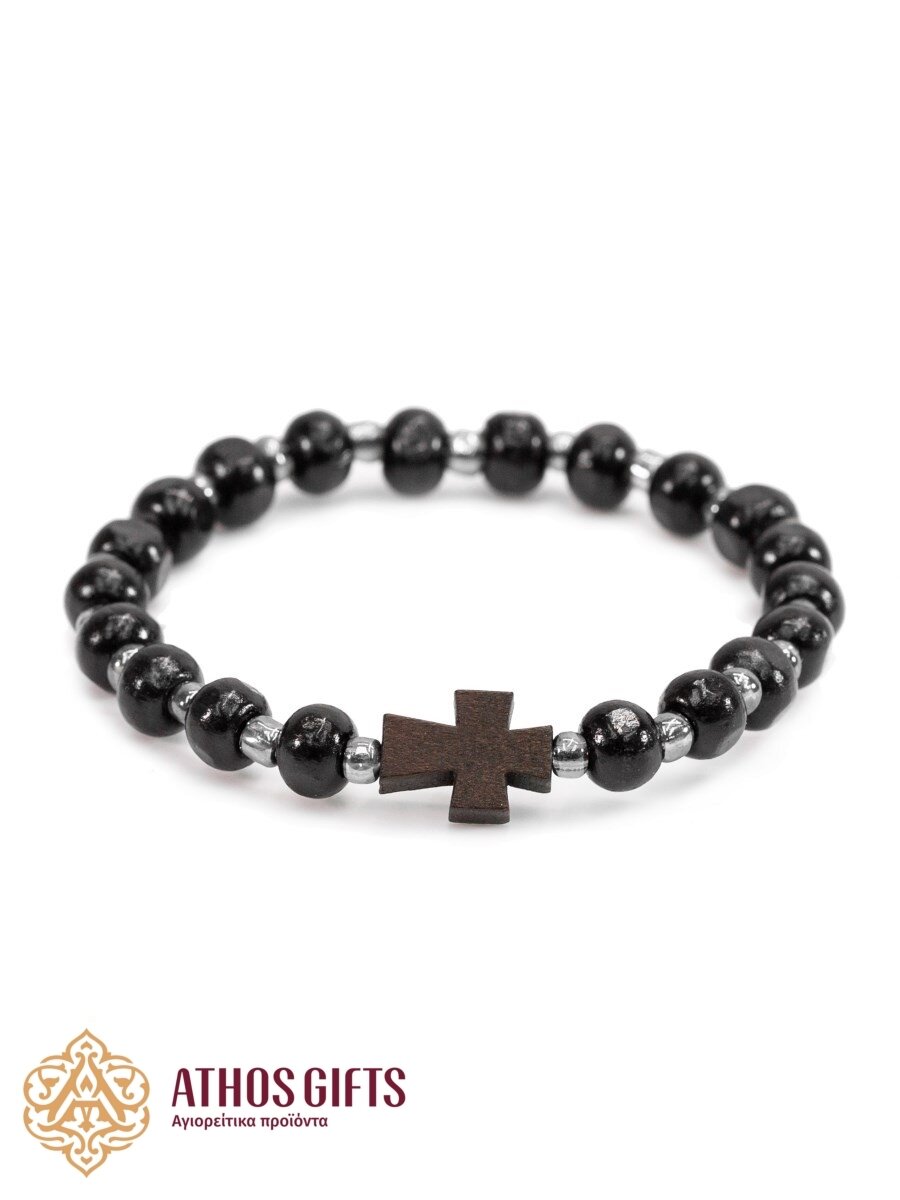 Handmade wooden bracelet with seed beads and cross