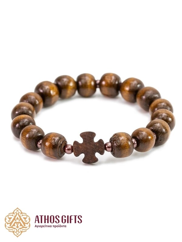 Handmade wooden bracelet with seed beads and cross