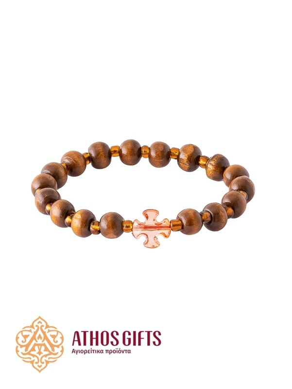 Handmade wooden bracelet with plastic seed beads and cross