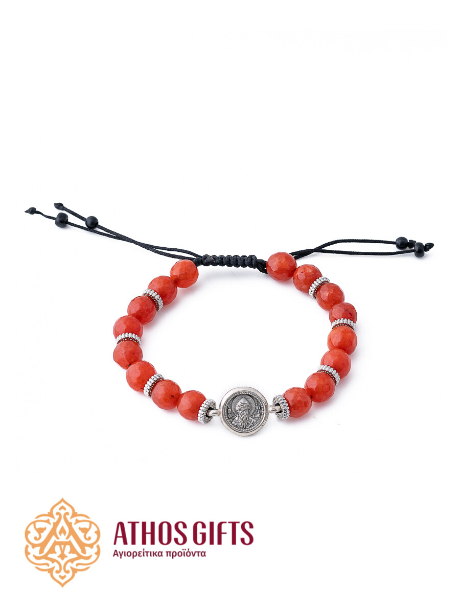 Agate bracelet with Saint Spyridon silver icon, Color: Red