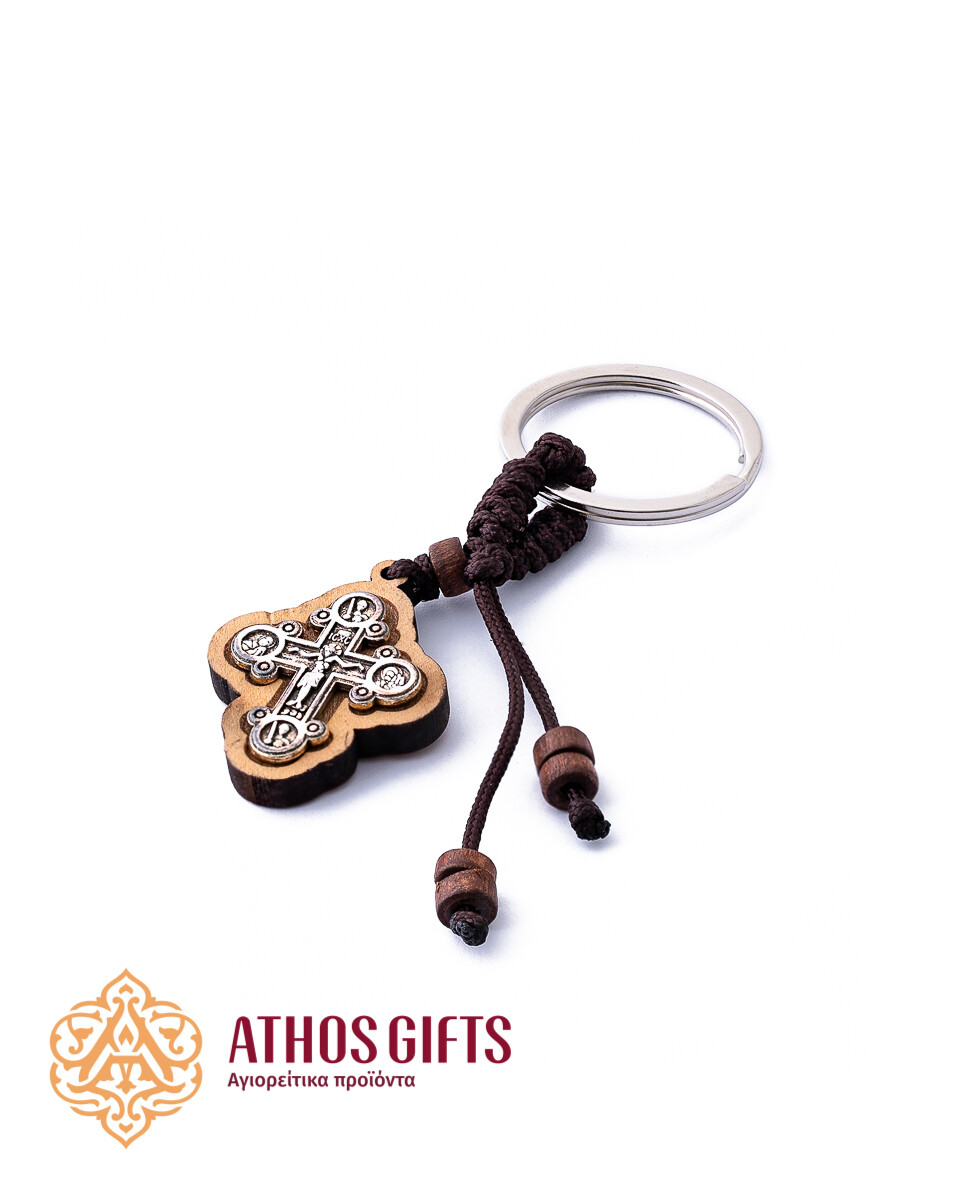 Wood and metal cross keychain