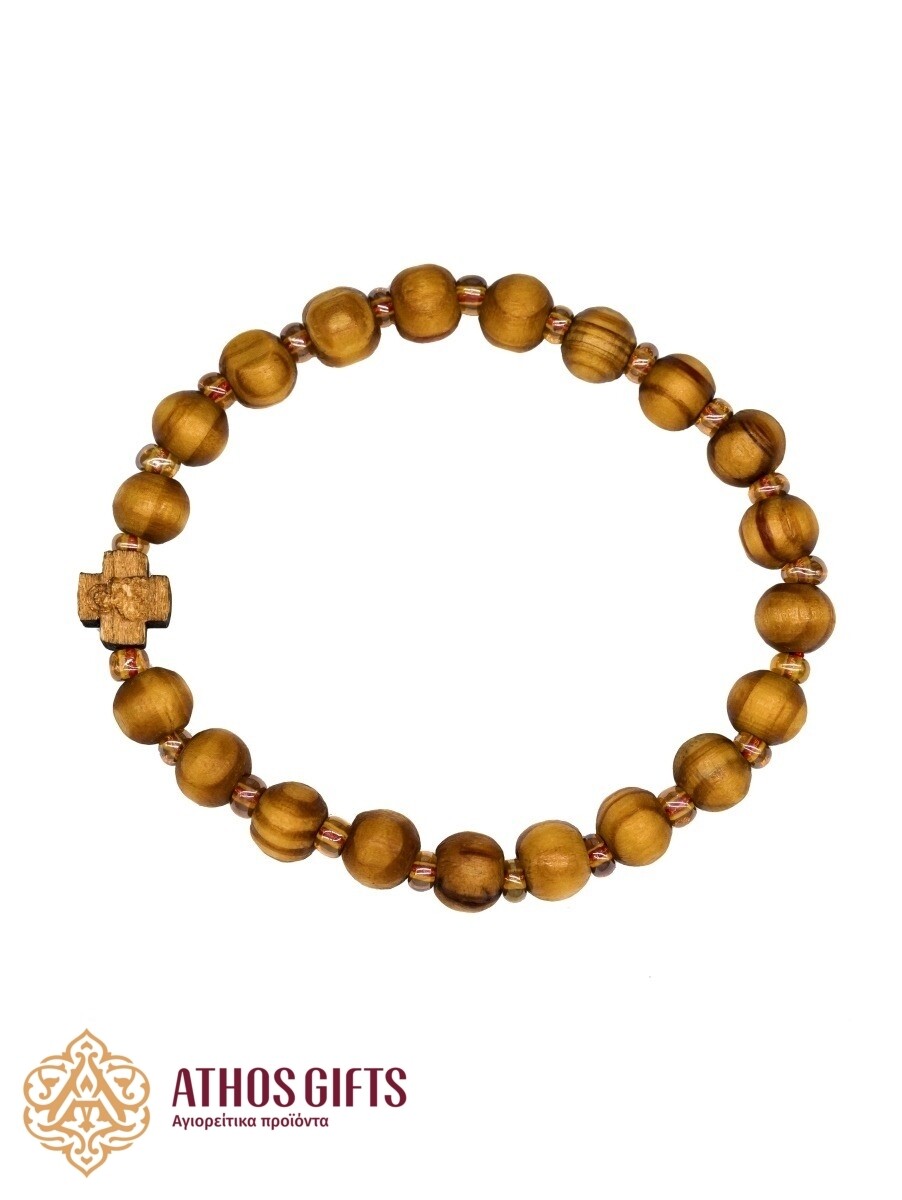 Handmade wooden bracelet with seed beads and cross