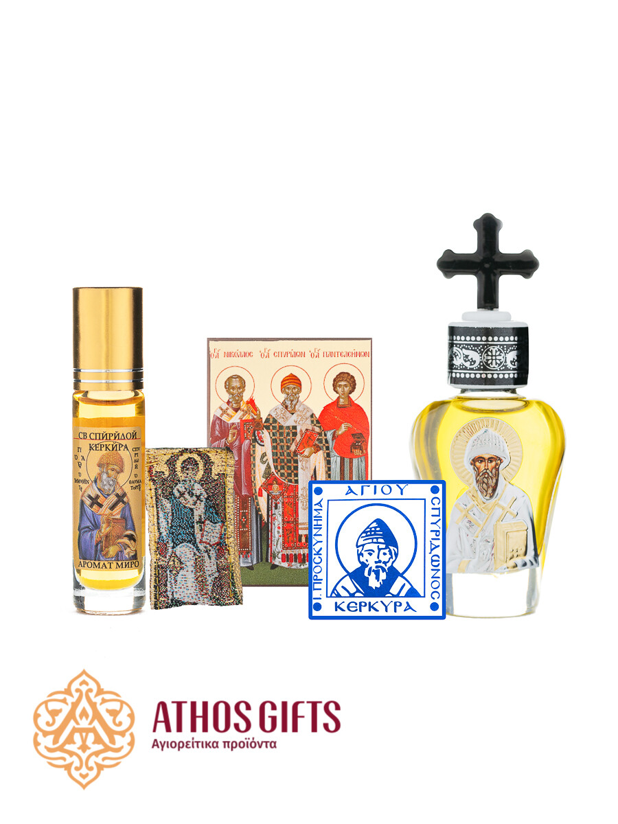 Saint Spyridon Gift Set of 4 items, Icon: Icon of Saints Nicholas, Spyridon and Panteleimon