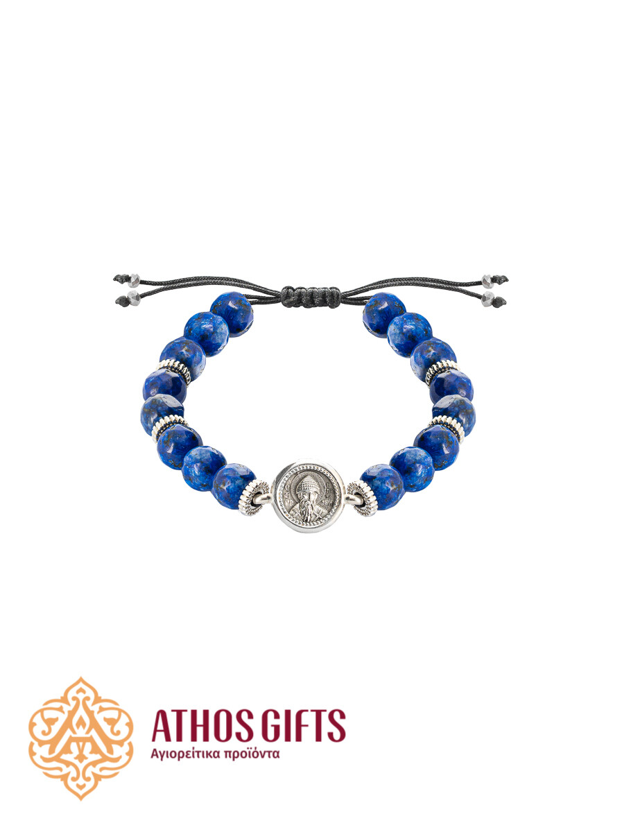 Agate bracelet with Saint Spyridon silver icon, Metal: Silver