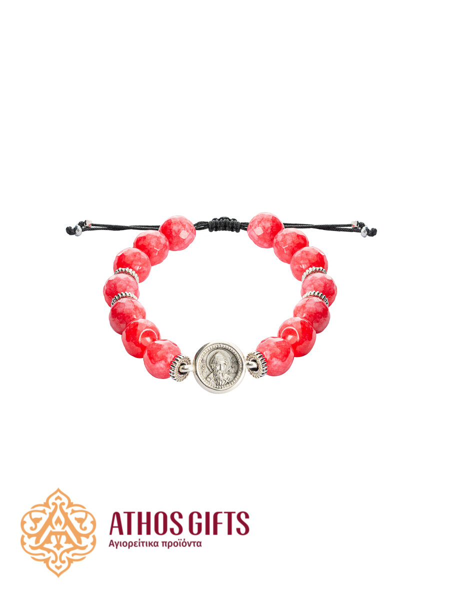 Agate bracelet with Saint Spyridon silver icon, Metal: Silver