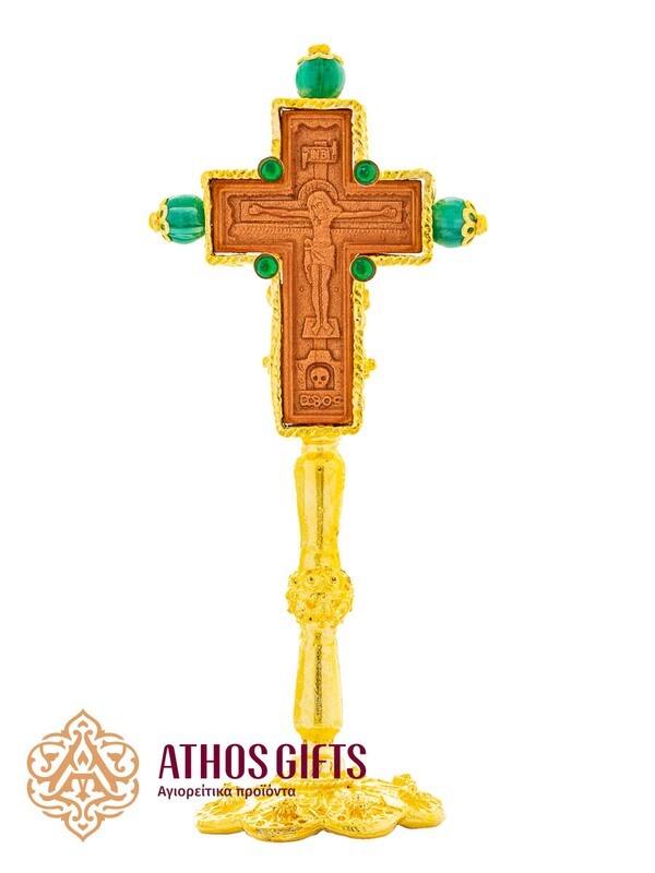 Gold-colored table cross 15 cm, Rhinestone color: Green