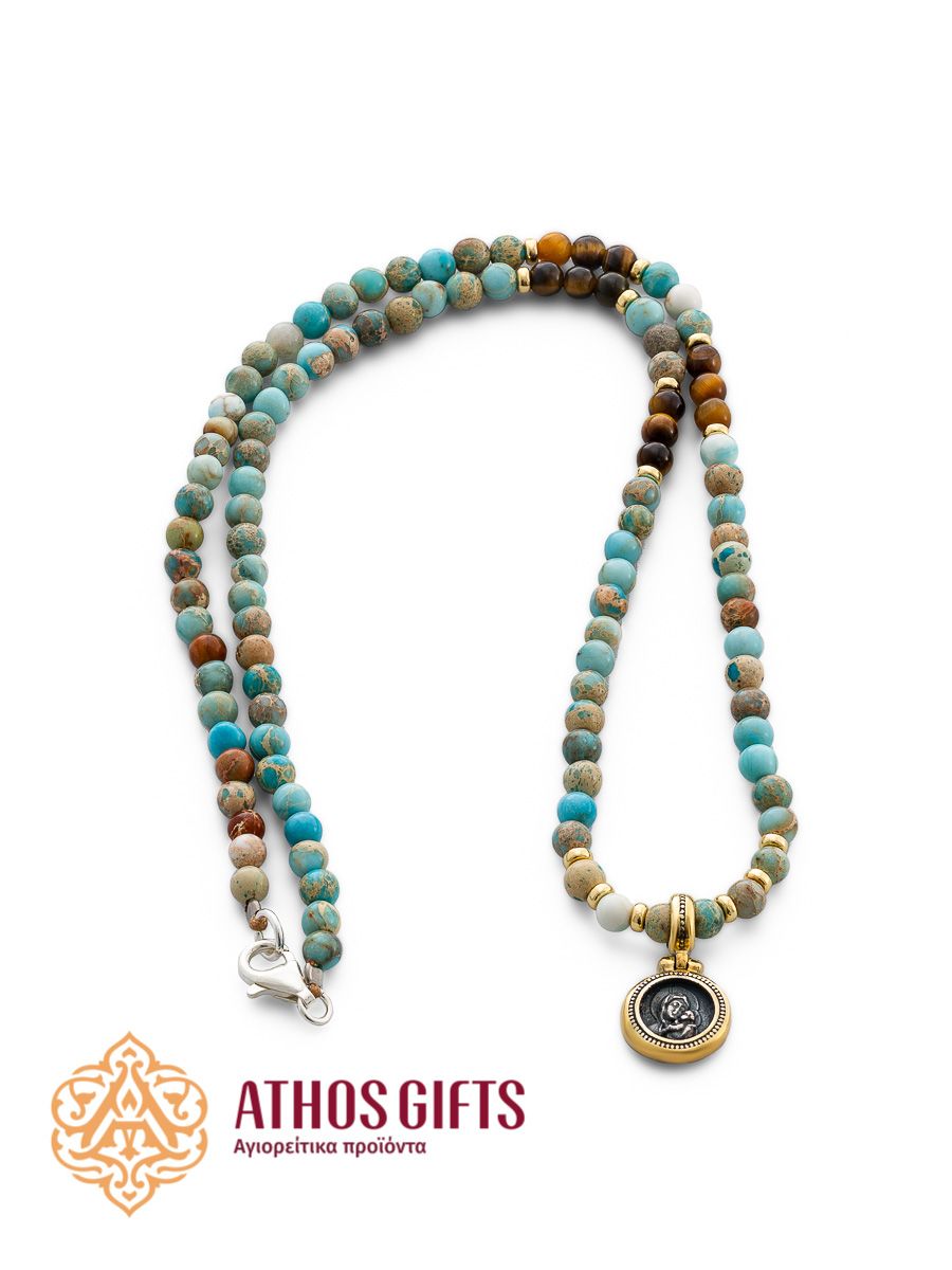 Snake Skin Jasper &amp; Τiger&#39;s Εye Necklace with Silver Icon