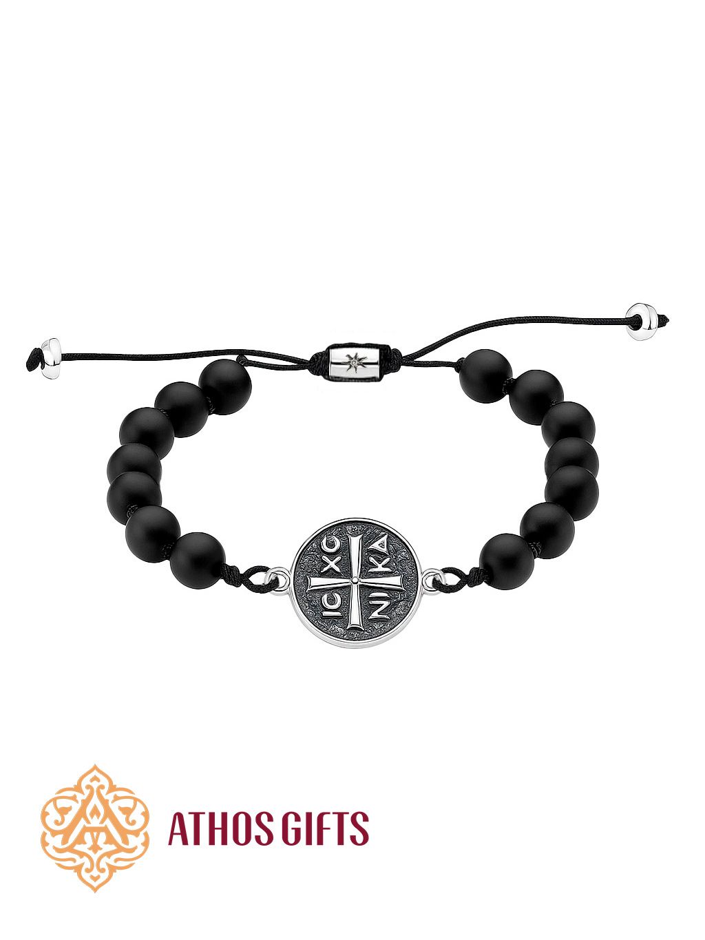 Black Stone Bracelet with Silver ΙΣ ΧΣ ΝΙΚΑ