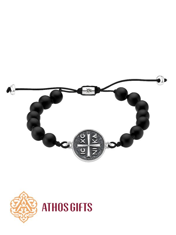 Black Stone Bracelet with Silver ΙΣ ΧΣ ΝΙΚΑ
