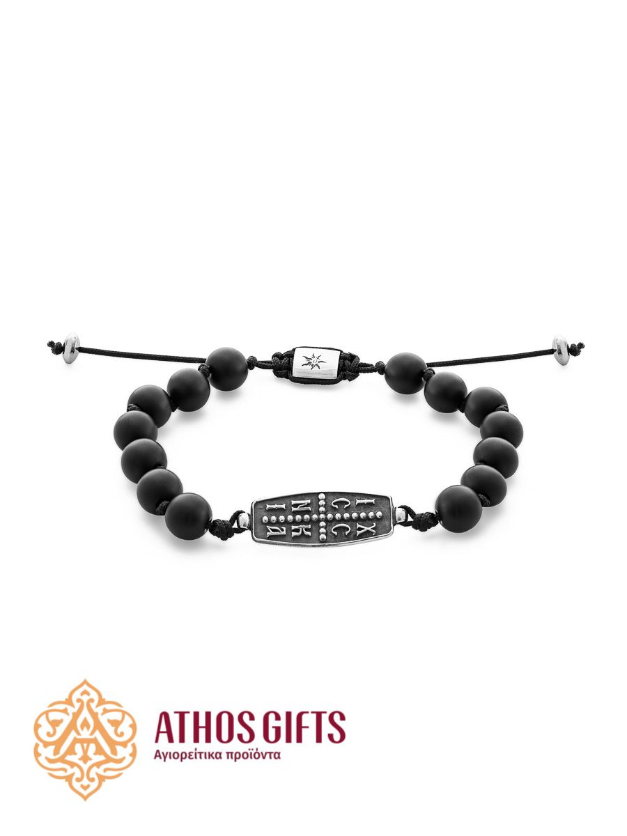 Black Stone Bracelet with Silver ΙΣ ΧΣ ΝΙΚΑ