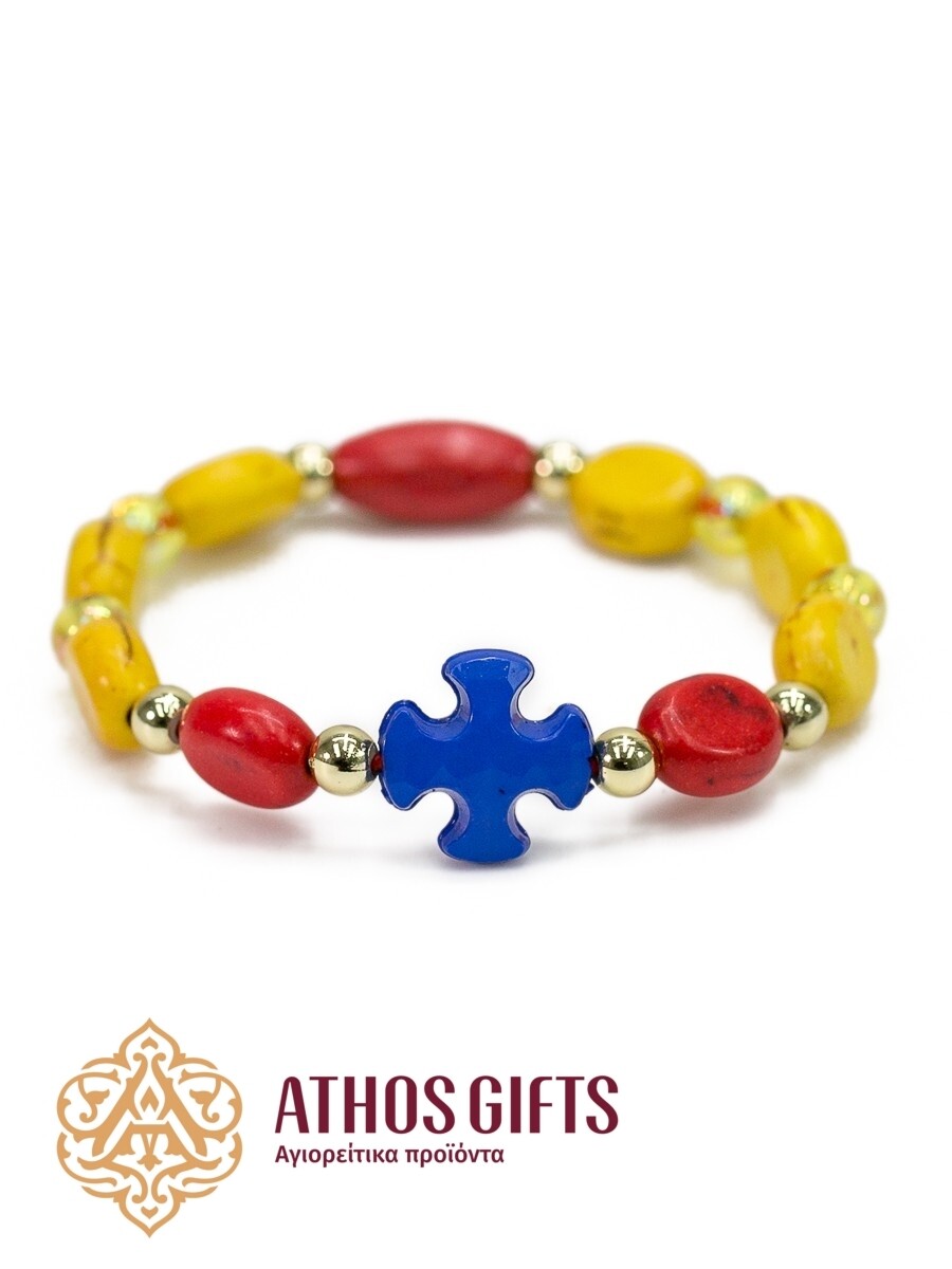 Wooden kids bracelet with seed beads and cross, Color: Red, blue, yellow