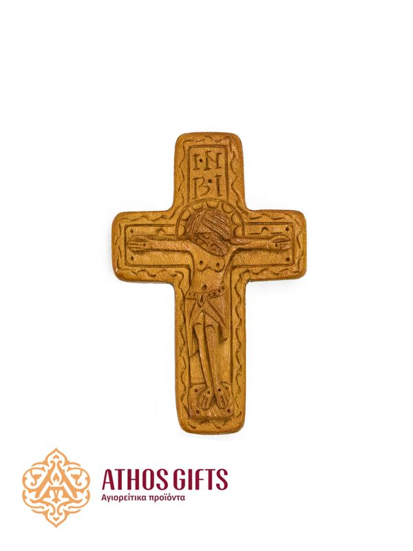 Carved cross with the Crucifixion of Jesus Christ depicted on the front side
