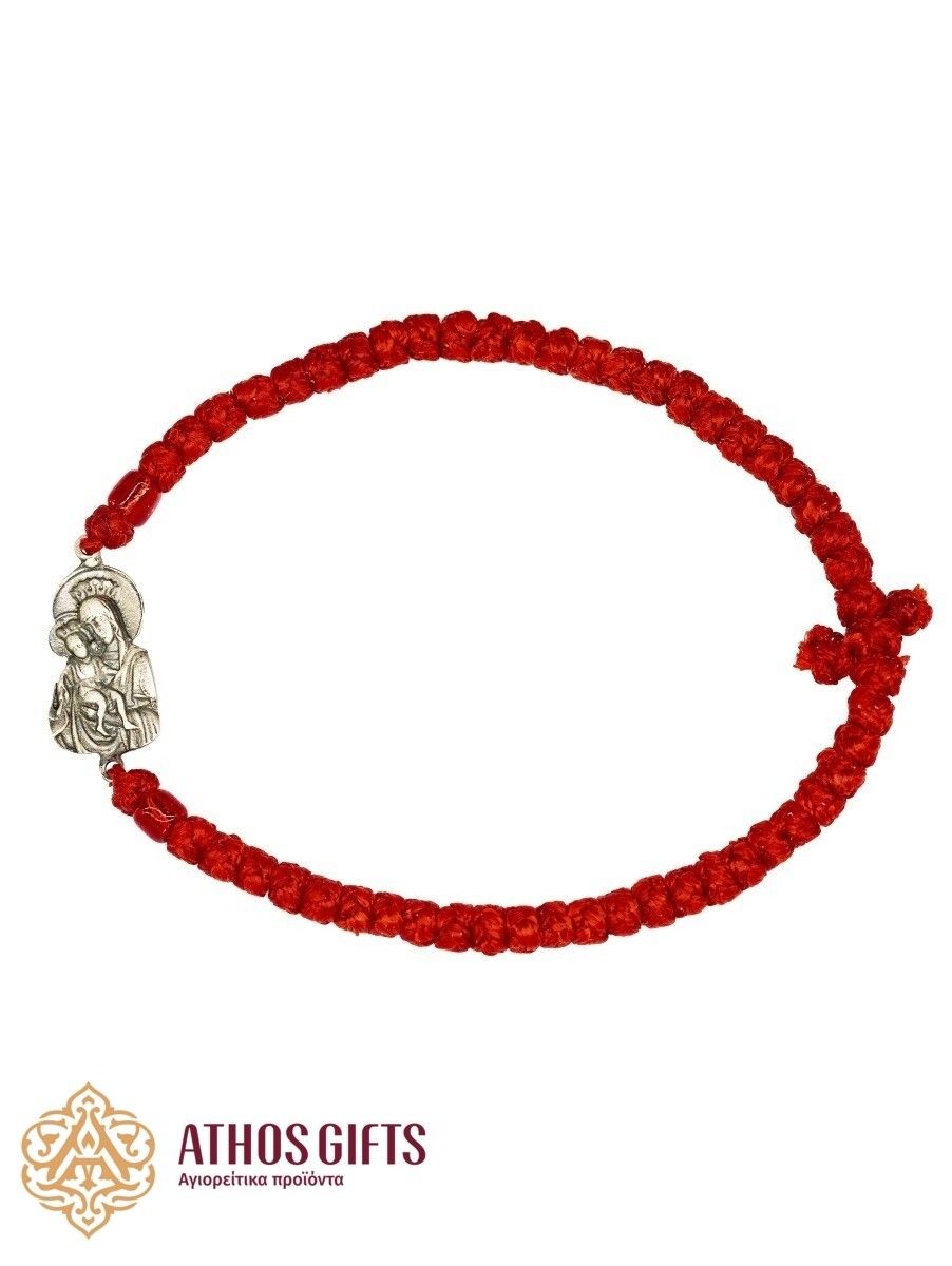 Orthodox woven bracelet in red color with an icon of the Mother of God “It Is Truly Meet”.