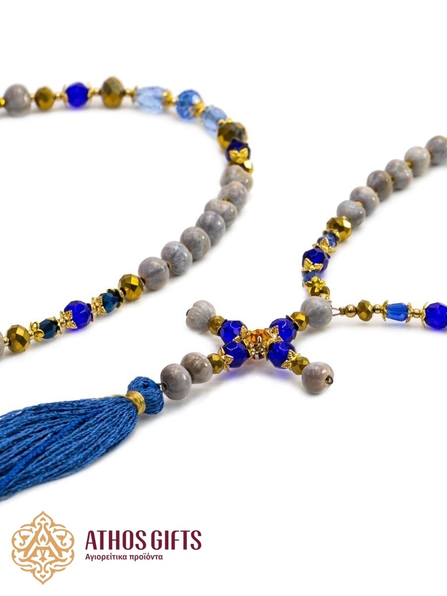 Orthodox Mount Athos prayer beads “Tears of the Virgin Mary” with a blue tassel and blue beads.