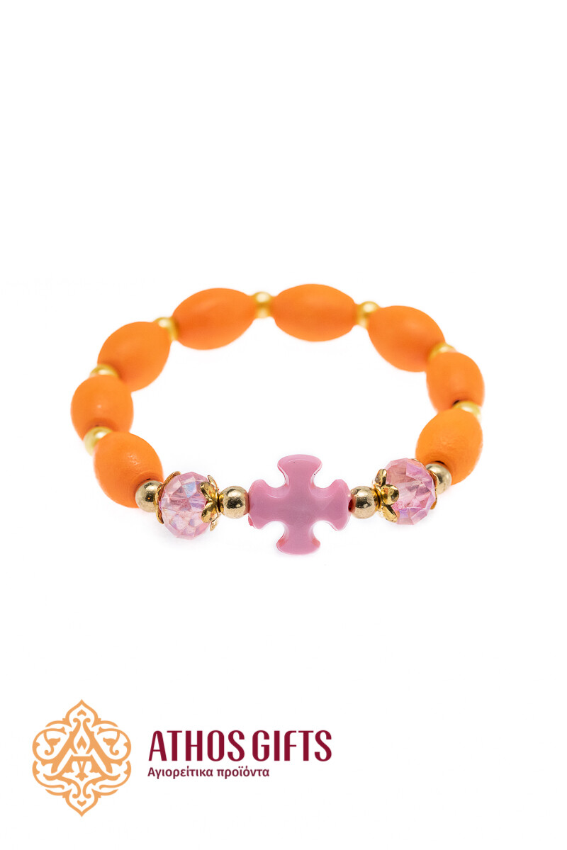 Wooden kids bracelet with seed beads and cross, Color: Orange, pink