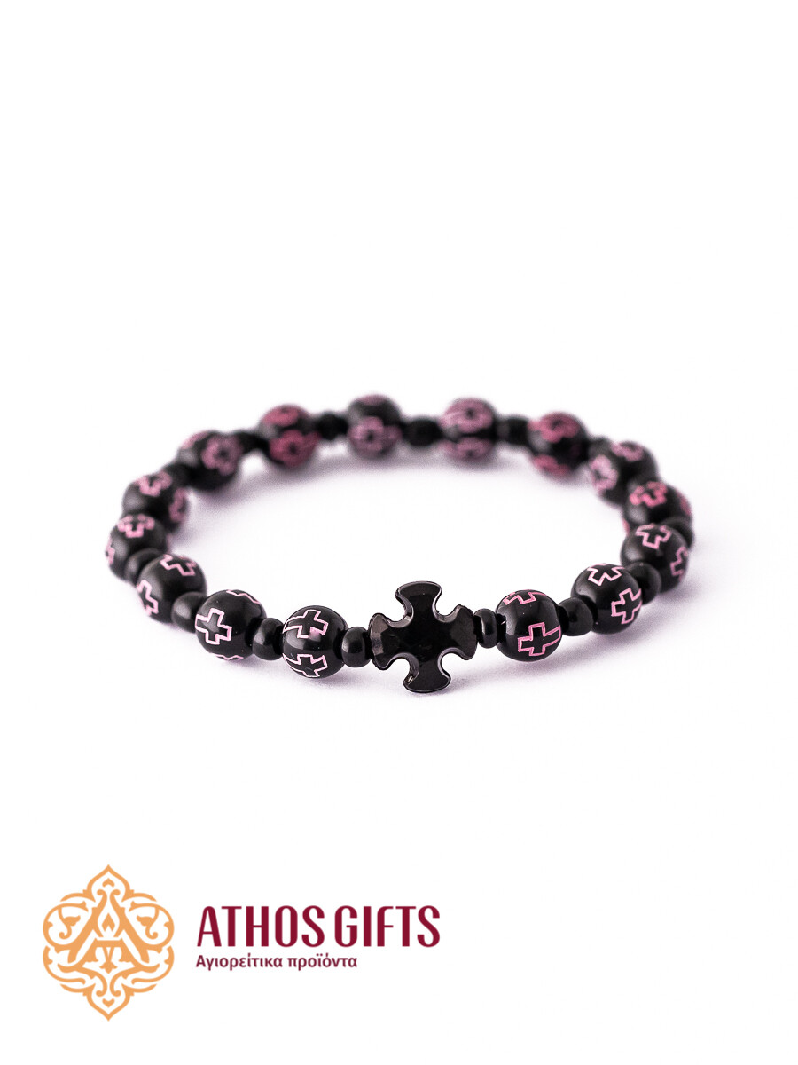 Handmade wooden bracelet with seed beads and cross, Color: Light pink