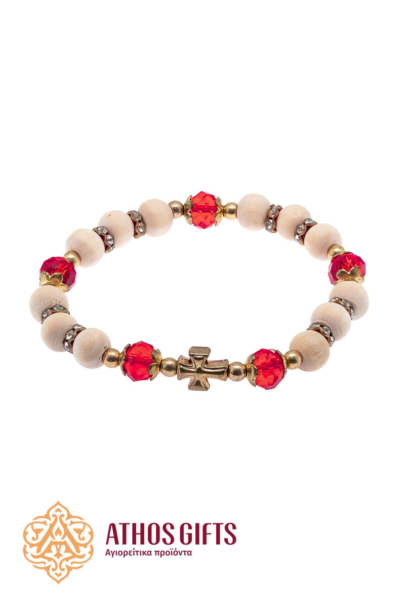 Handmade wooden bracelet with red rhinestones and a cross