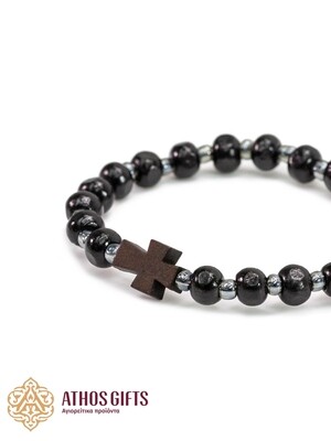 Orthodox wooden bracelets with a cross and beads, handmade by Athos monks