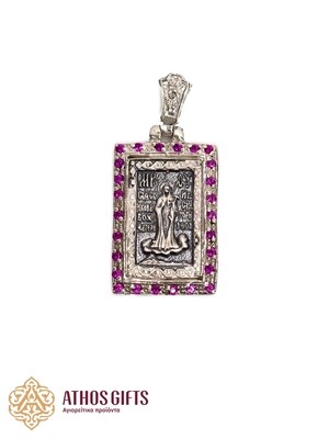 Silver medallion icon featuring the images of the Mother of God and Saint Panteleimon.