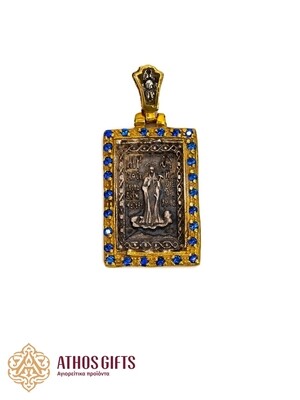 A medallion with images of the Mother of God and Saint Panteleimon is made of silver with gold-plated edges.